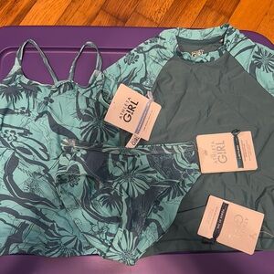 NWT Athletica girls tankini rash guard and bikini bottom XS 5/6 set surf seam